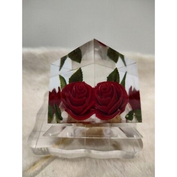Vintage Bircraft Lucite Acrylic CUBE PAPERWEIGHT SCULPTURE Red Rose Enclosed - Picture 4 of 13